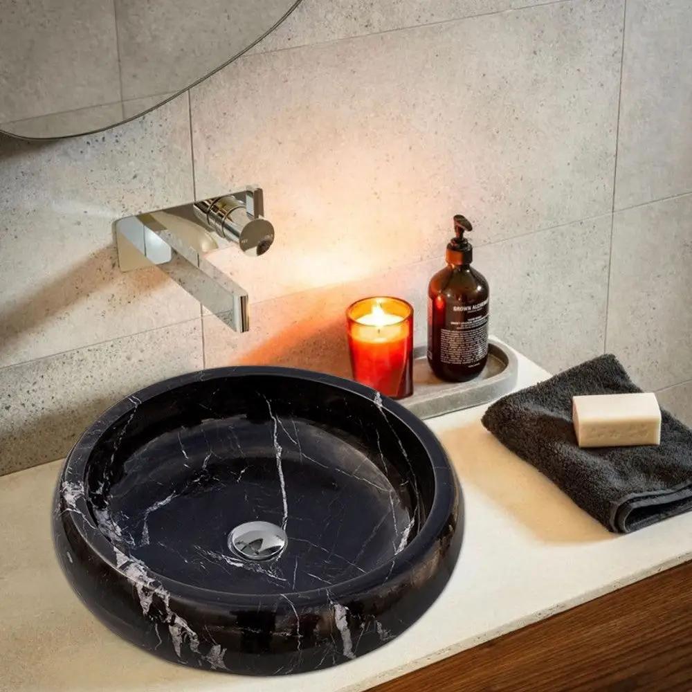 Toros Turkish Black Marble Polished Round Vessel Sink Bowl 16x5 by GobekDesign