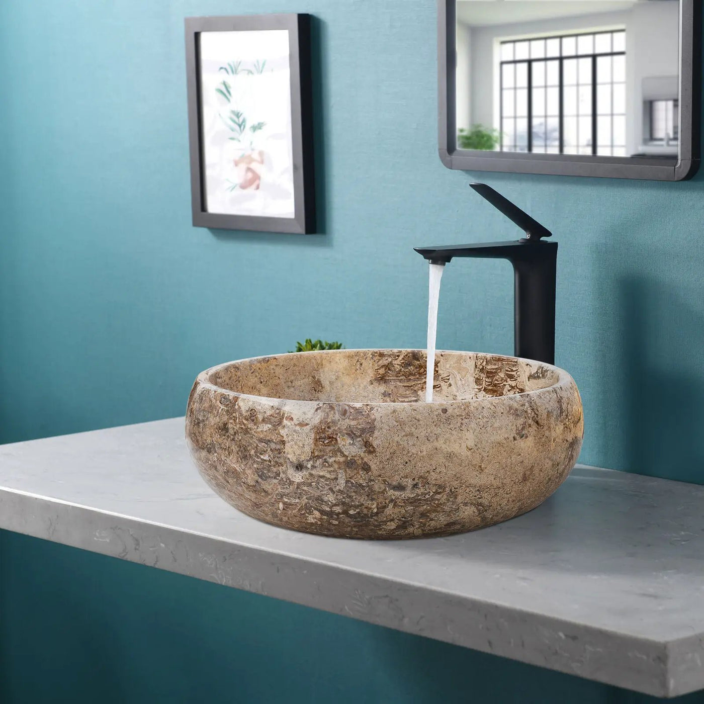 Turkish Travertine Vessel Sink Valencia Beige Filled and Polished Stone 16 Inch by GobekDesign