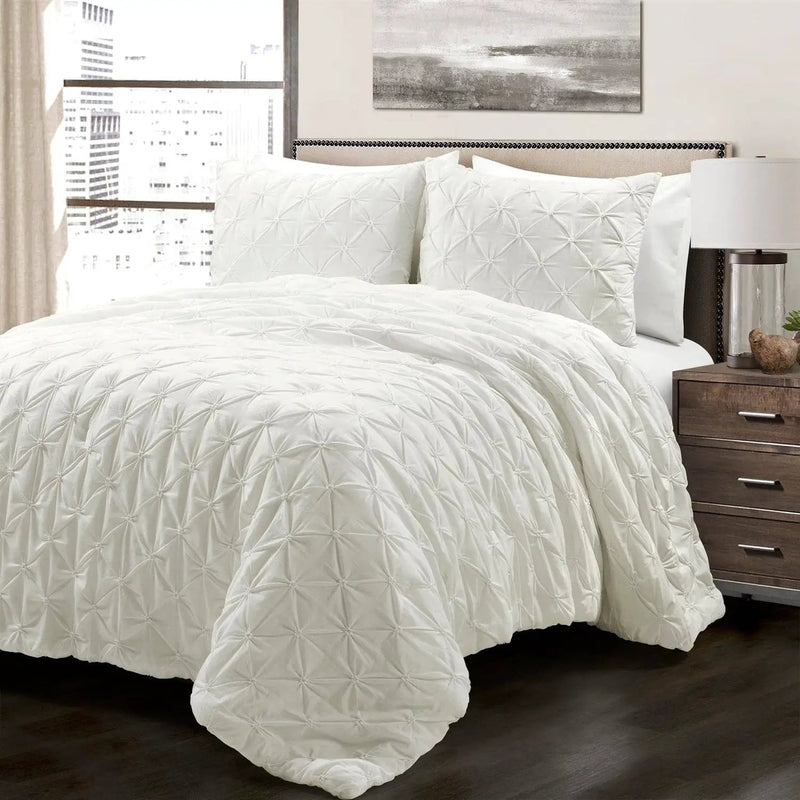 King Size Soft Pleated Cotton 3 Piece Comforter Set White by HomePacific