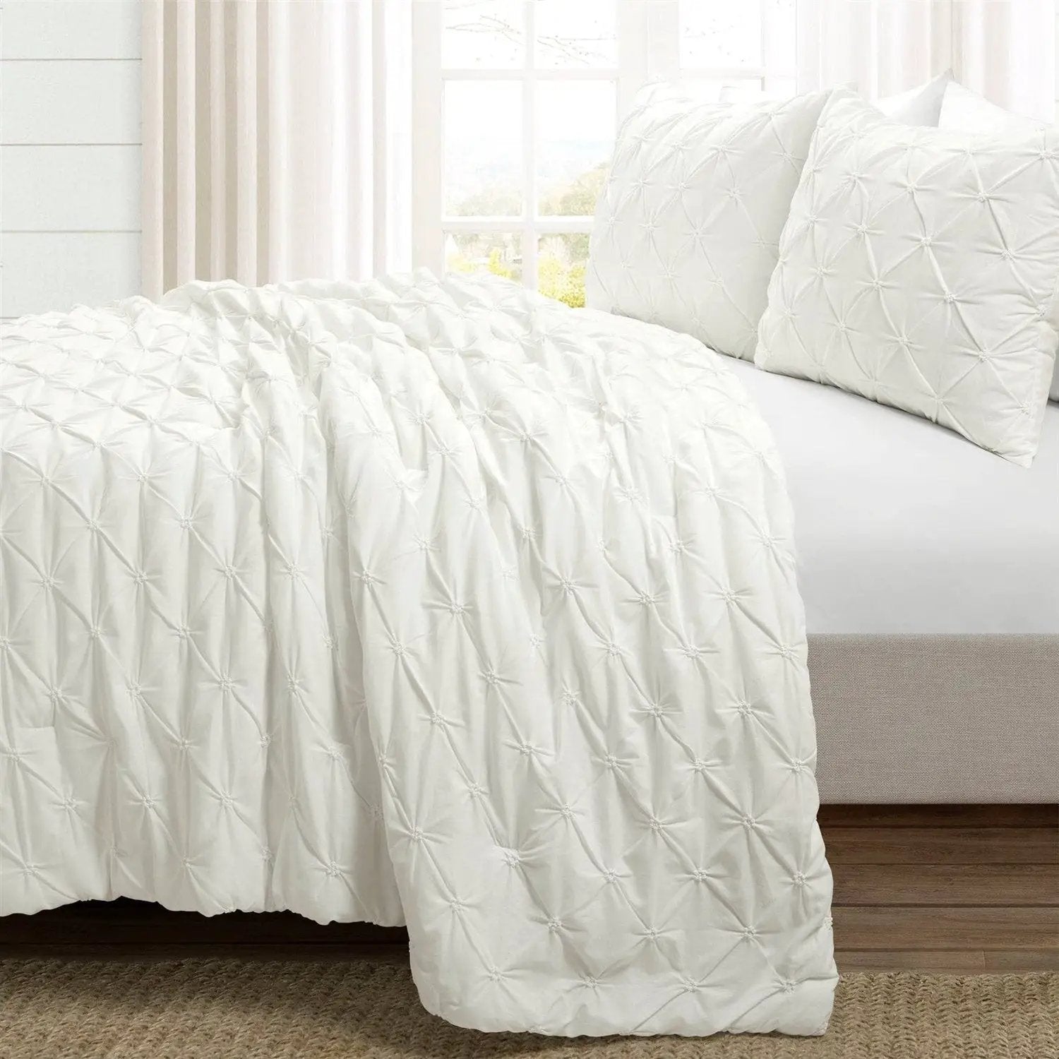King Size Soft Pleated Cotton 3 Piece Comforter Set White by HomePacific