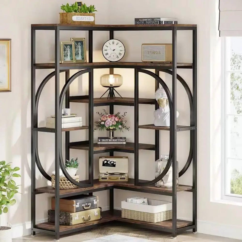 67-inch Tall Modern Industrial Metal Wood Corner Bookcase by HomePacific
