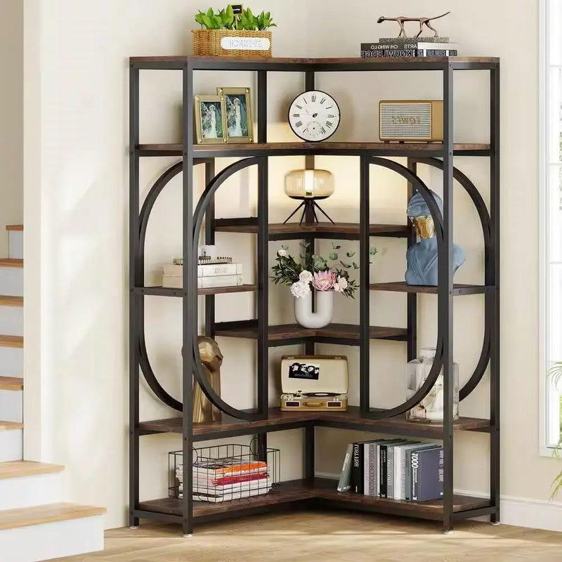 67-inch Tall Modern Industrial Metal Wood Corner Bookcase by HomePacific