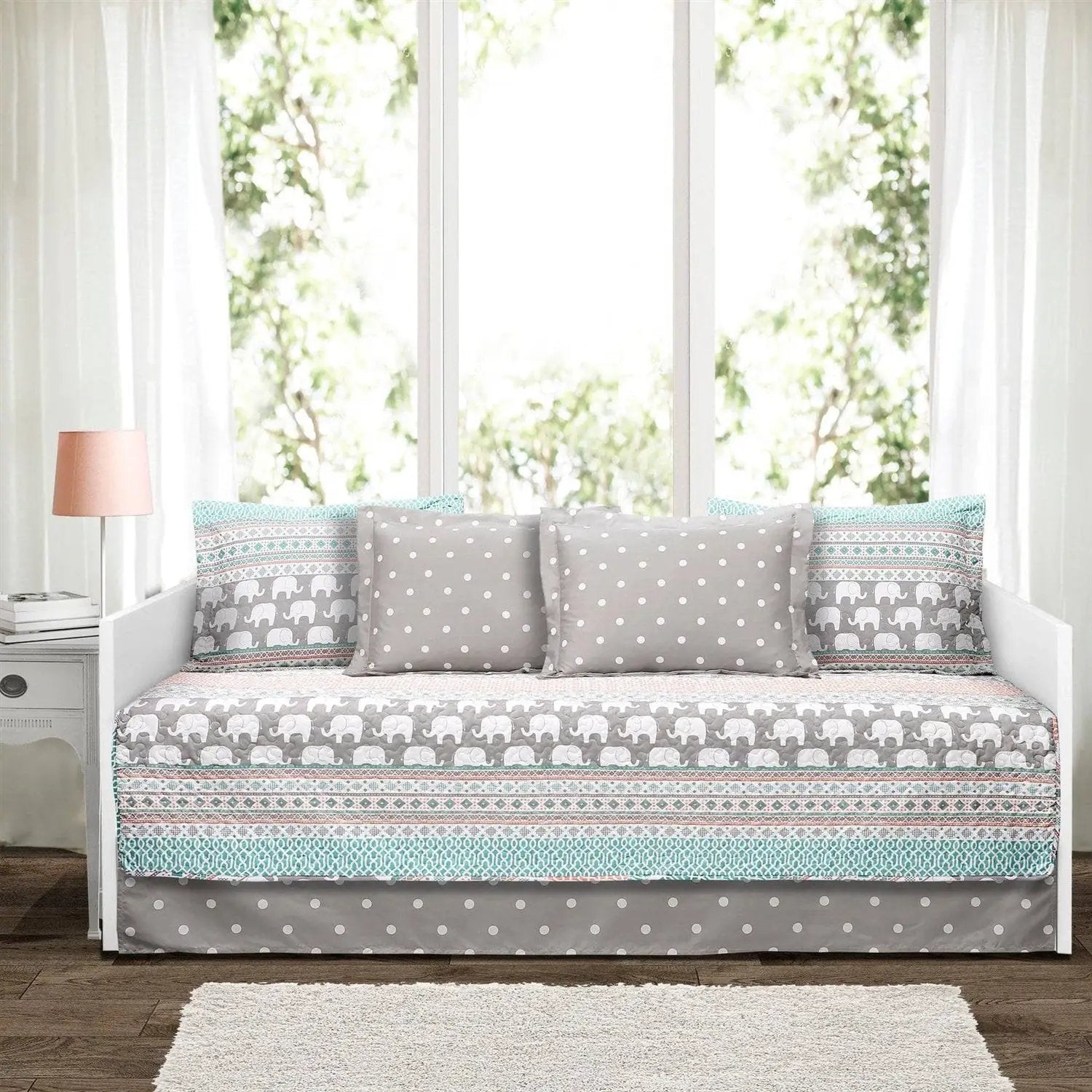 Turquoise Pink Grey Lightweight 6 Piece Elephant Pattern Daybed Cover Quilt Set by HomePacific