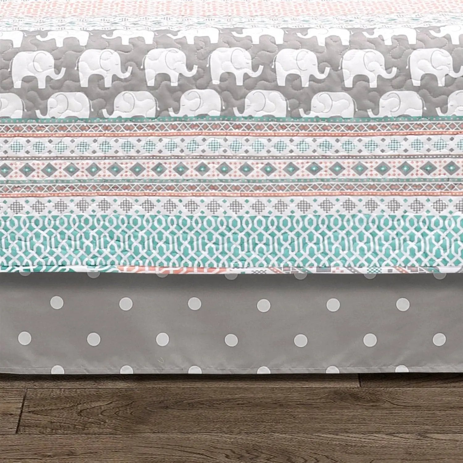 Turquoise Pink Grey Lightweight 6 Piece Elephant Pattern Daybed Cover Quilt Set by HomePacific