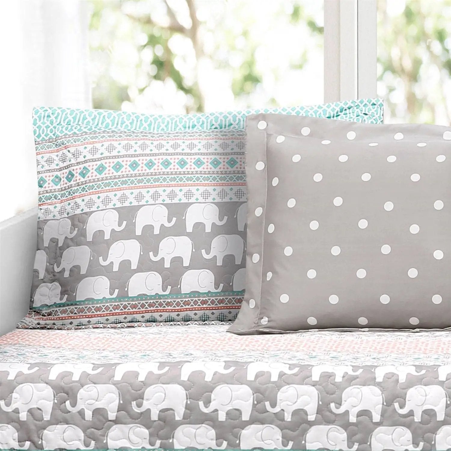 Turquoise Pink Grey Lightweight 6 Piece Elephant Pattern Daybed Cover Quilt Set by HomePacific