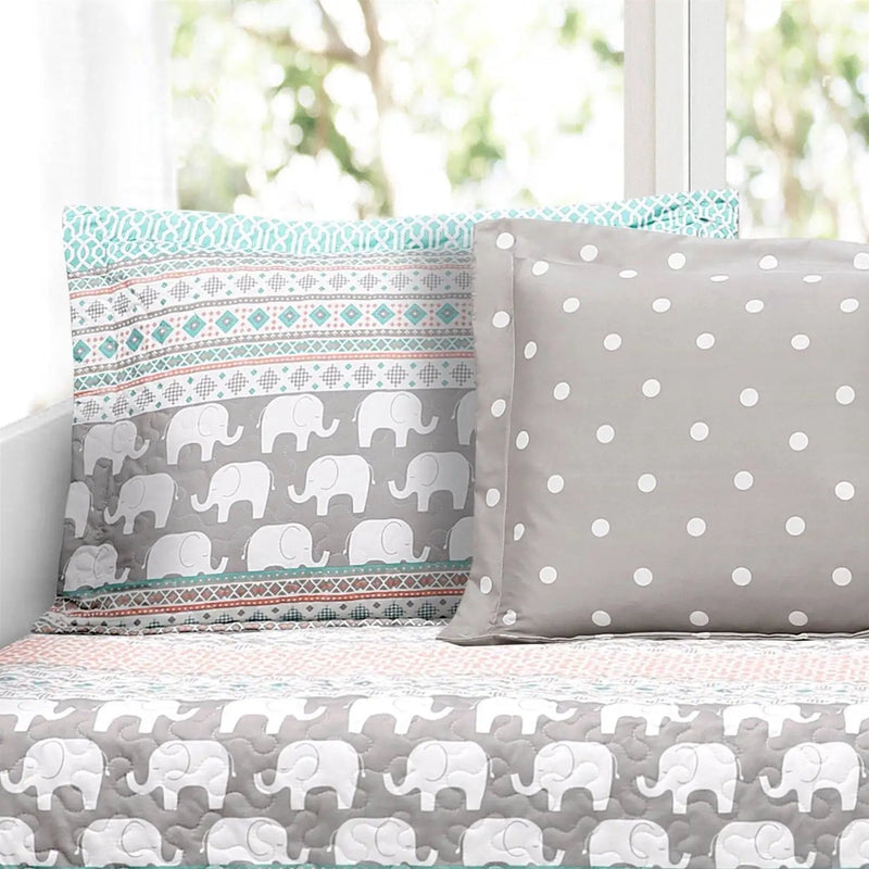 Turquoise Pink Grey Lightweight 6 Piece Elephant Pattern Daybed Cover Quilt Set by HomePacific