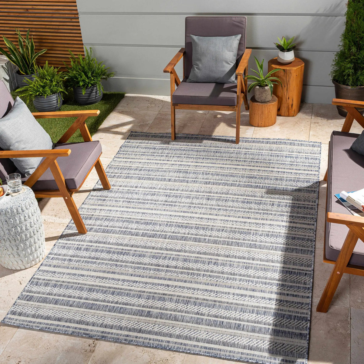 Emirgazi Striped Nordic Outdoor Rug, installed in a room