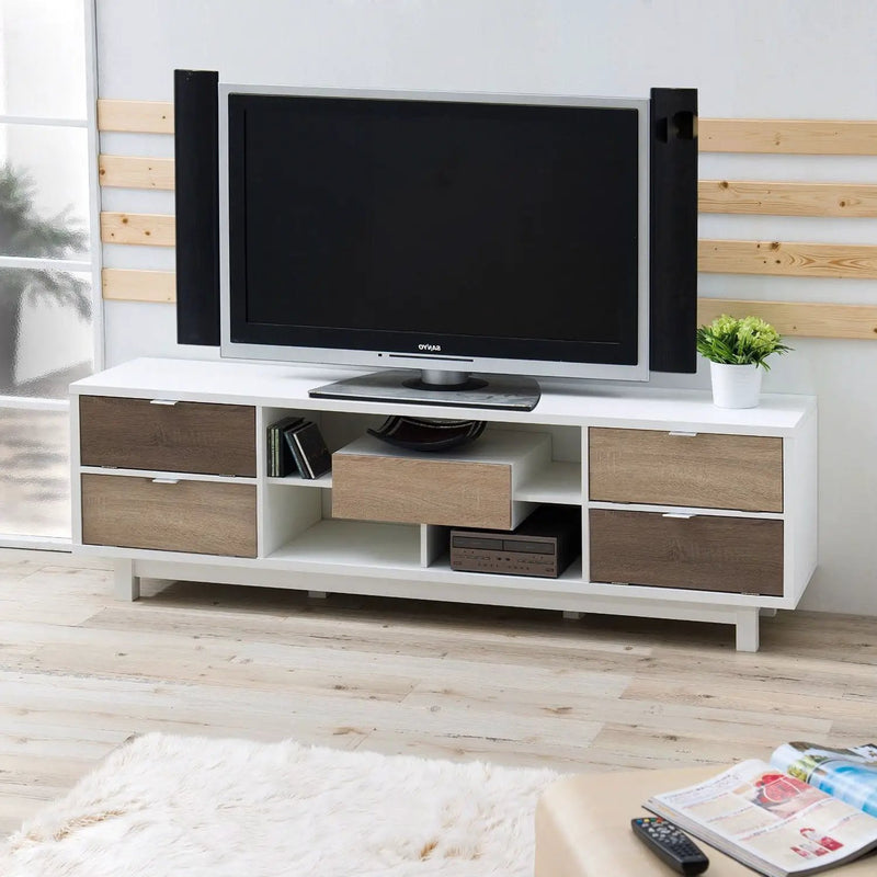 Modern 70-inch White TV Stand Entertainment Center with Natural Wood Accents by HomePacific