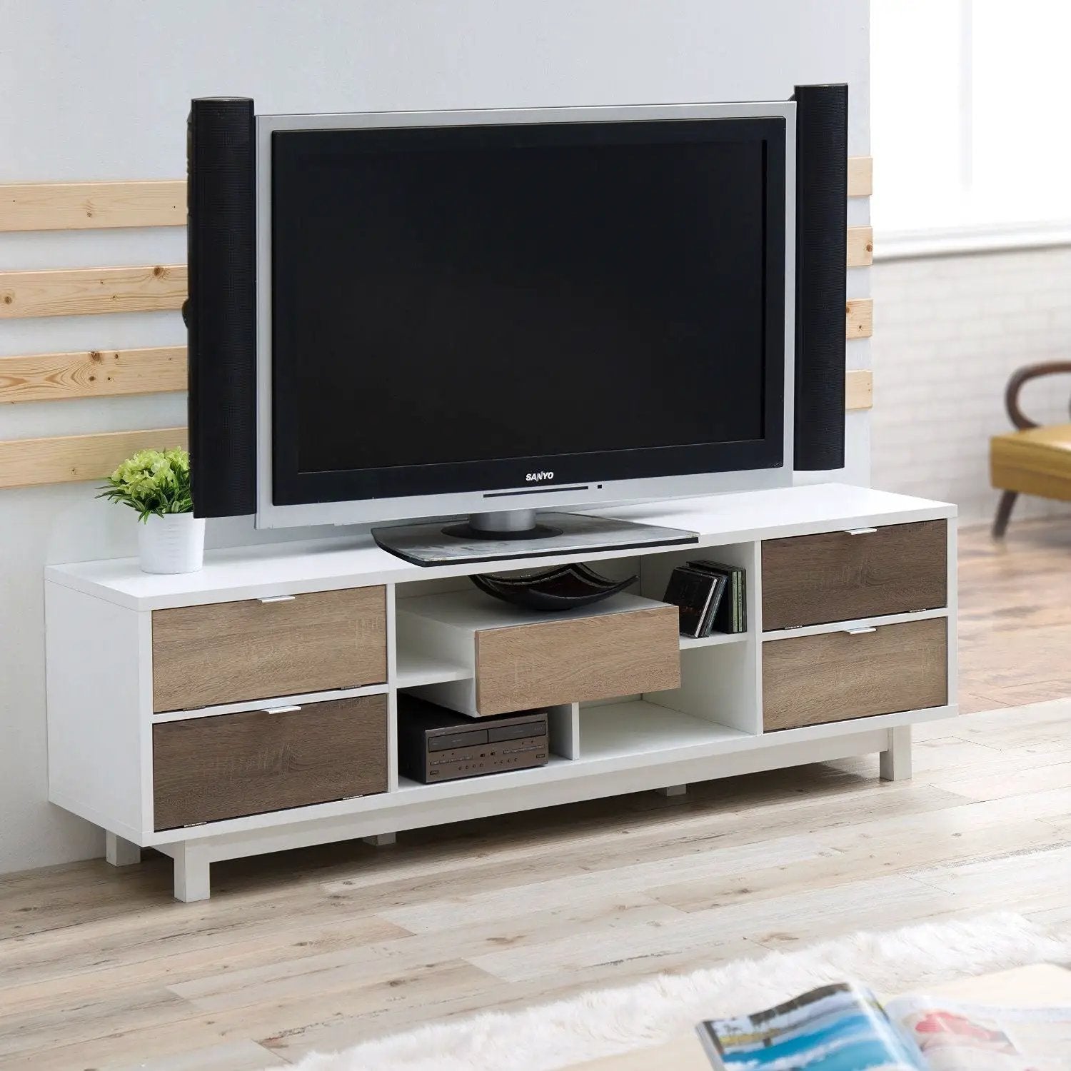 Modern 70-inch White TV Stand Entertainment Center with Natural Wood Accents by HomePacific