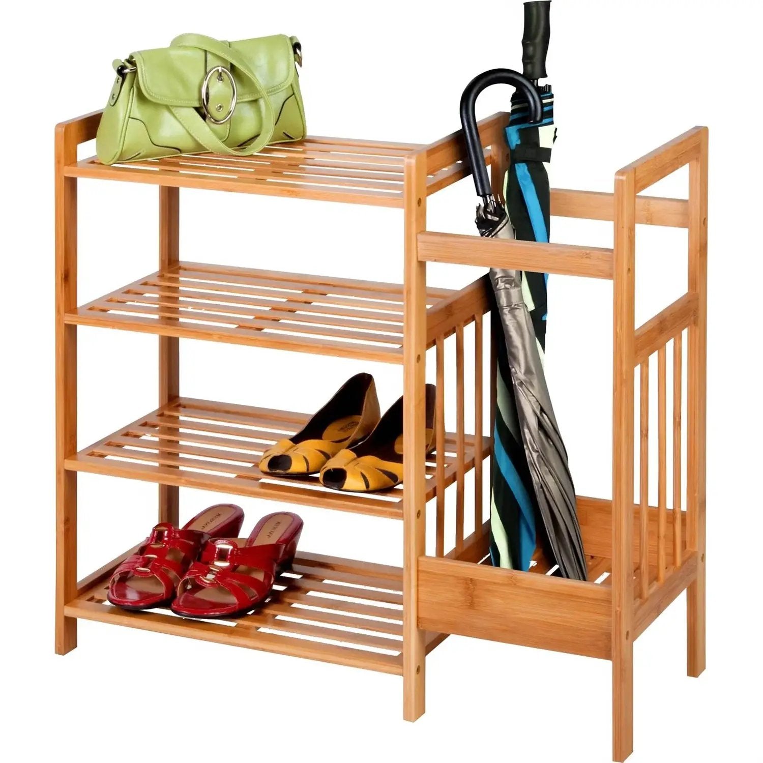 2-Shelf Entryway Shoe Rack Bench with Bla2-in-1 Entryway 4-Shelf Bamboo Shoe Rack and Umbrella Holderck Metal Frame and Brown Wood Top by HomePacific