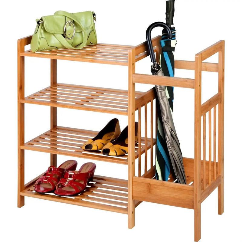 2-Shelf Entryway Shoe Rack Bench with Bla2-in-1 Entryway 4-Shelf Bamboo Shoe Rack and Umbrella Holderck Metal Frame and Brown Wood Top by HomePacific