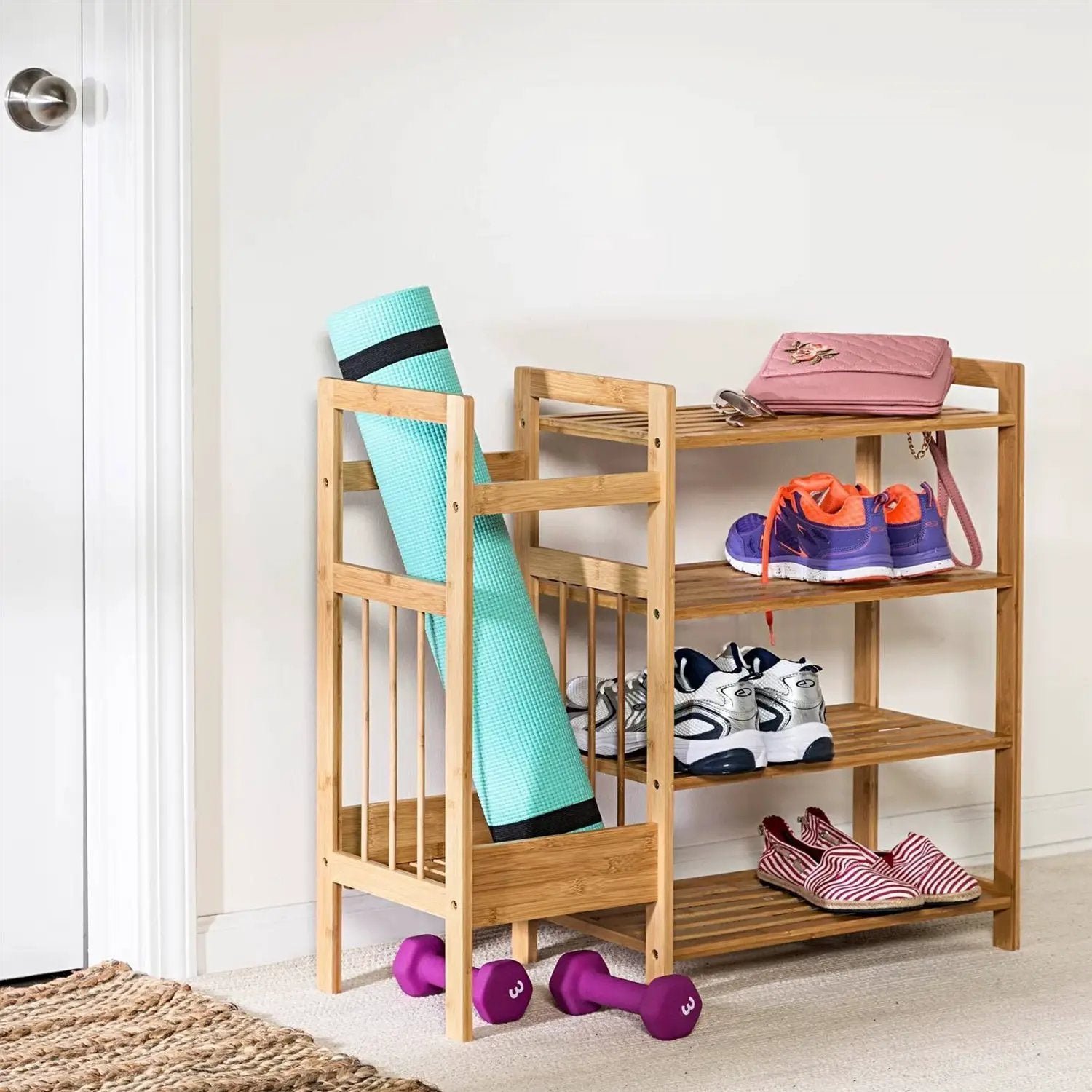 2-Shelf Entryway Shoe Rack Bench with Bla2-in-1 Entryway 4-Shelf Bamboo Shoe Rack and Umbrella Holderck Metal Frame and Brown Wood Top by HomePacific