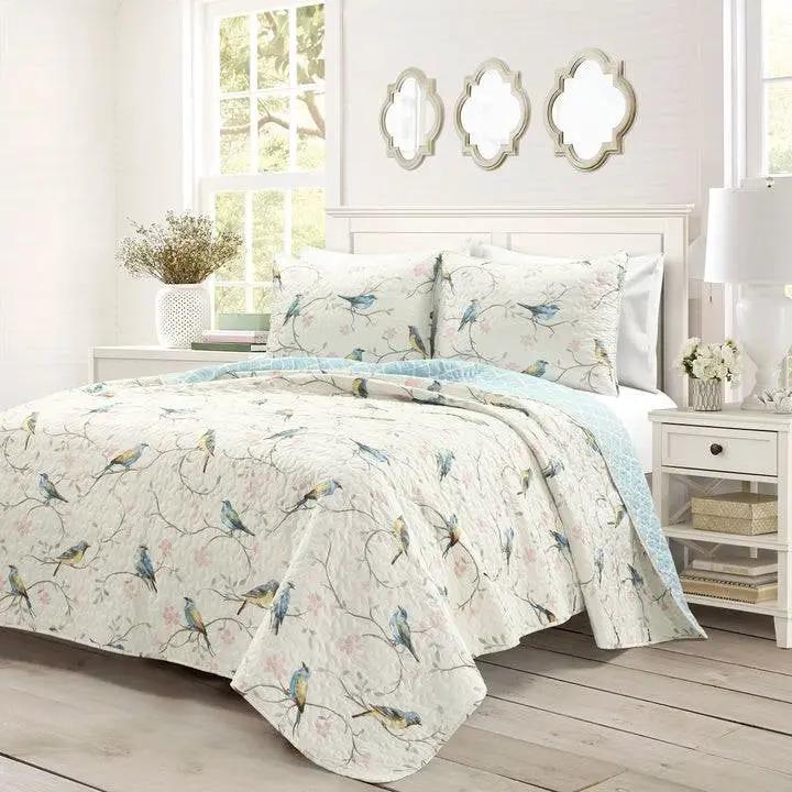 King Size Reversible Polyester Lightweight Floral Birds 3 Piece Quilt Set by HomePacific