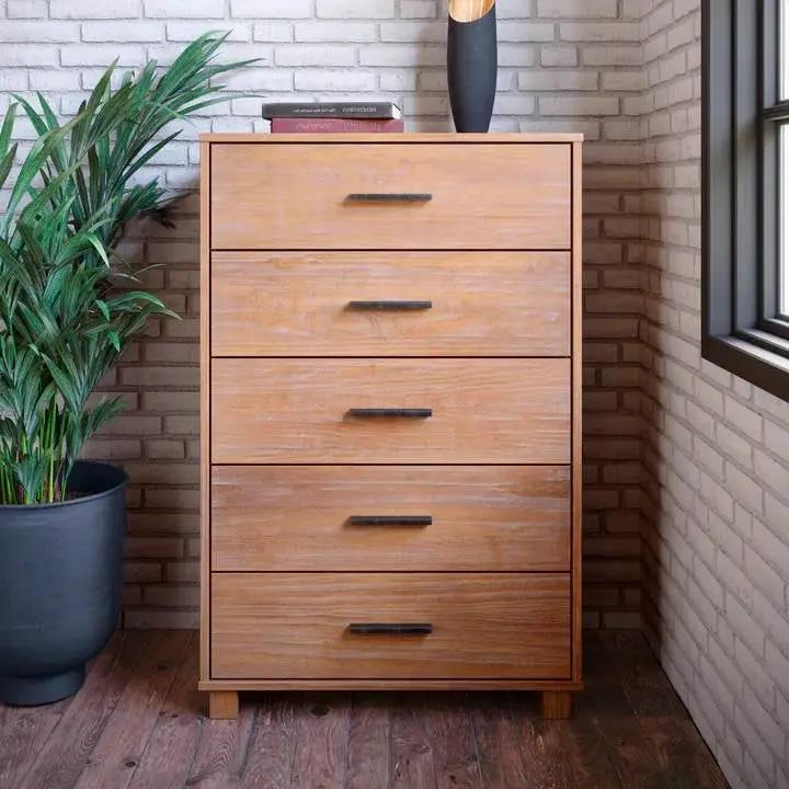 Modern Farmhouse Solid Wood 5 Drawer Bedroom Chest in Light Brown Finish by HomePacific