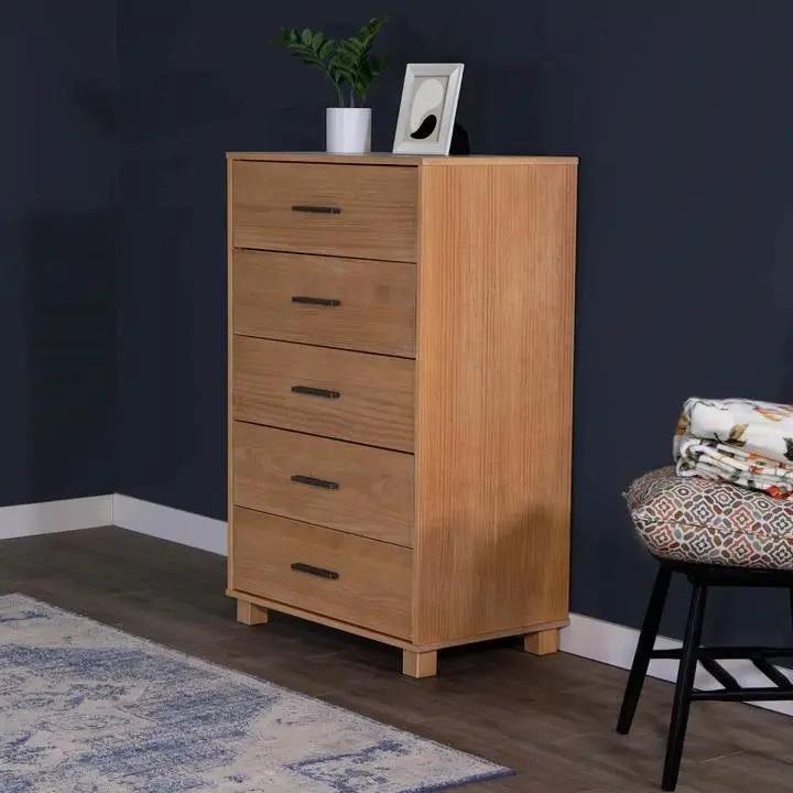 Modern Farmhouse Solid Wood 5 Drawer Bedroom Chest in Light Brown Finish by HomePacific