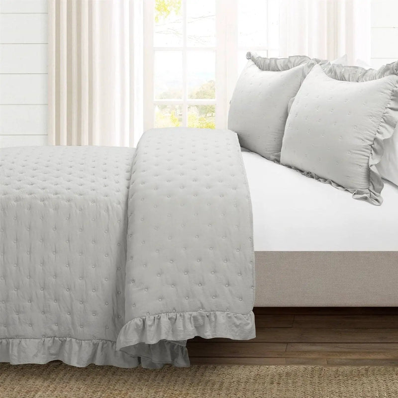 Full/Queen Lightweight Grey Ruffle Reversible Oversized 3 Piece Quilt Set by HomePacific