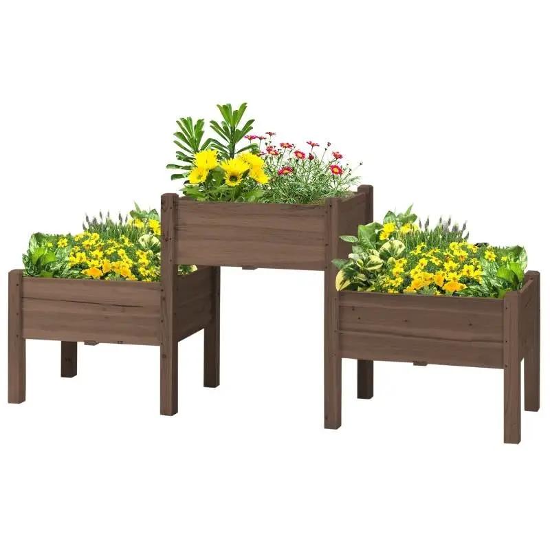 Brown 3 Wooden Elevated Planter Raised Garden Beds by HomePacific