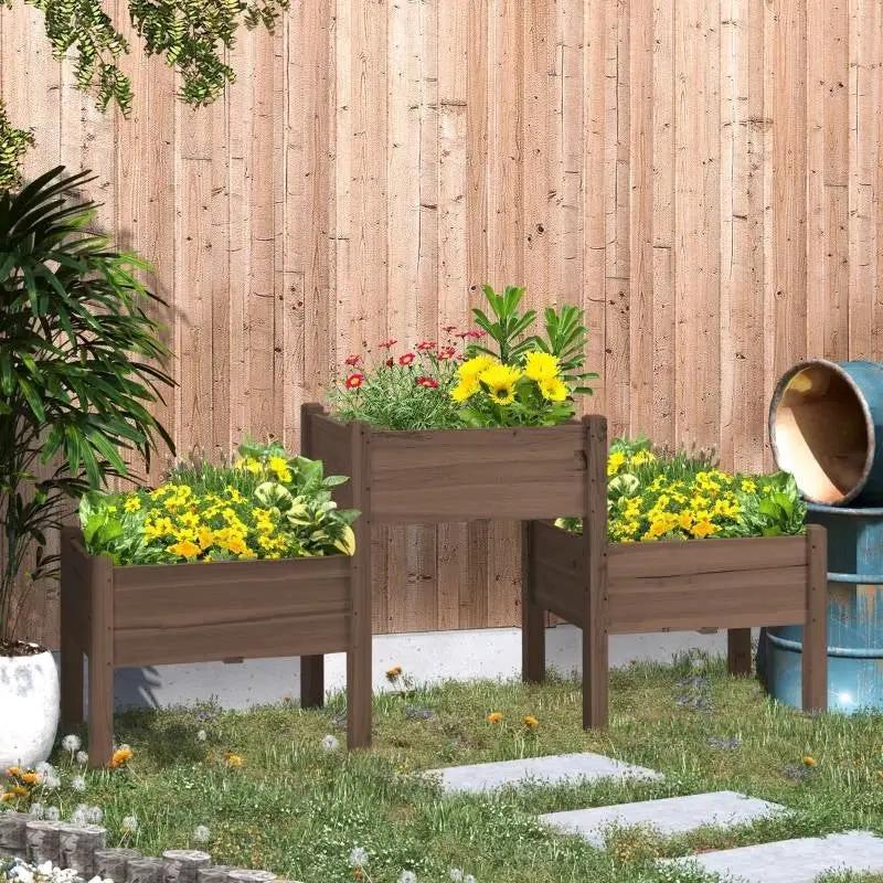 Brown 3 Wooden Elevated Planter Raised Garden Beds by HomePacific