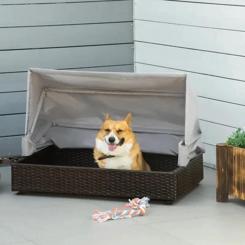 Espresso Wicker Foldable Canopy Raised Dog Bed House with 2 in Thick Cushion by HomePacific