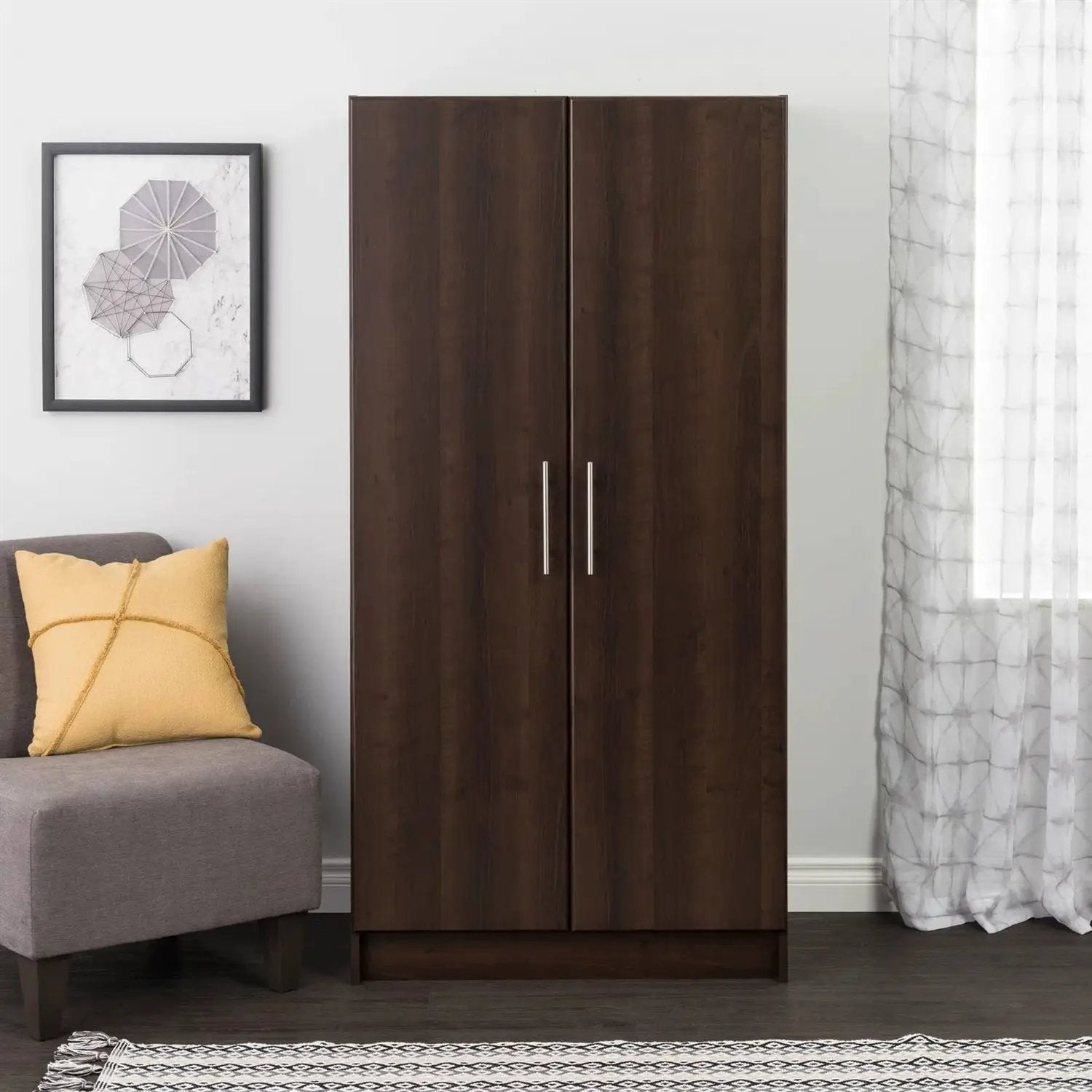 Bedroom Armoire Wardrobe Cabinet with Hanging Rail in Dark Brown Wood Finish by HomePacific