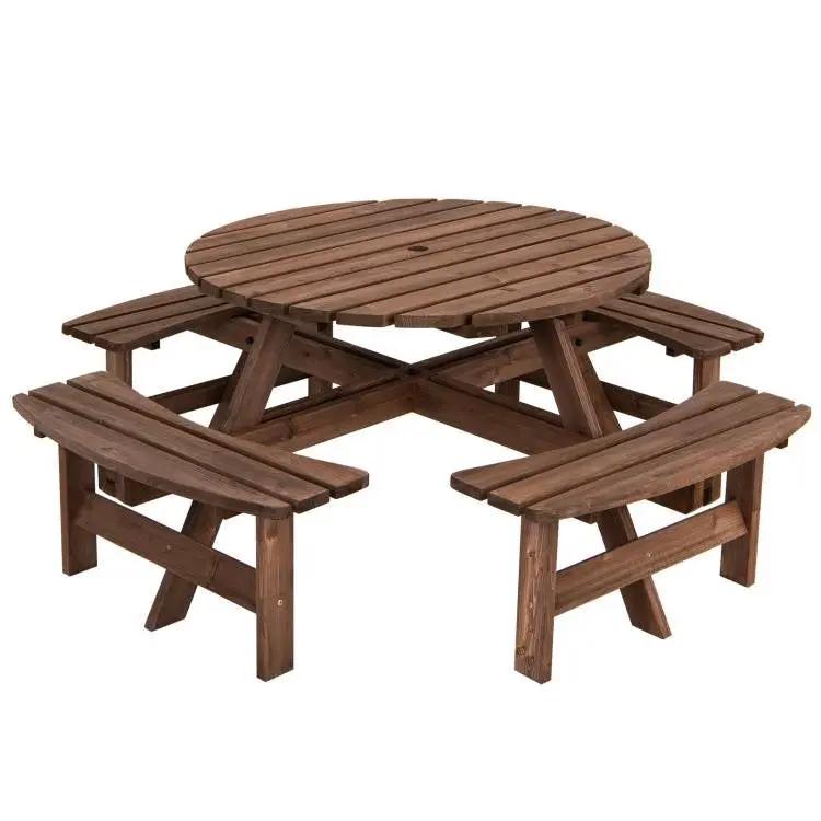 Espresso Wooden 8 Seater Picnic Table Umbrella Hole by HomePacific