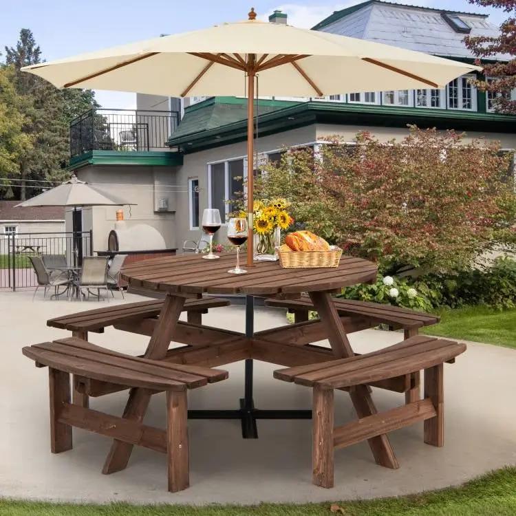 Espresso Wooden 8 Seater Picnic Table Umbrella Hole by HomePacific