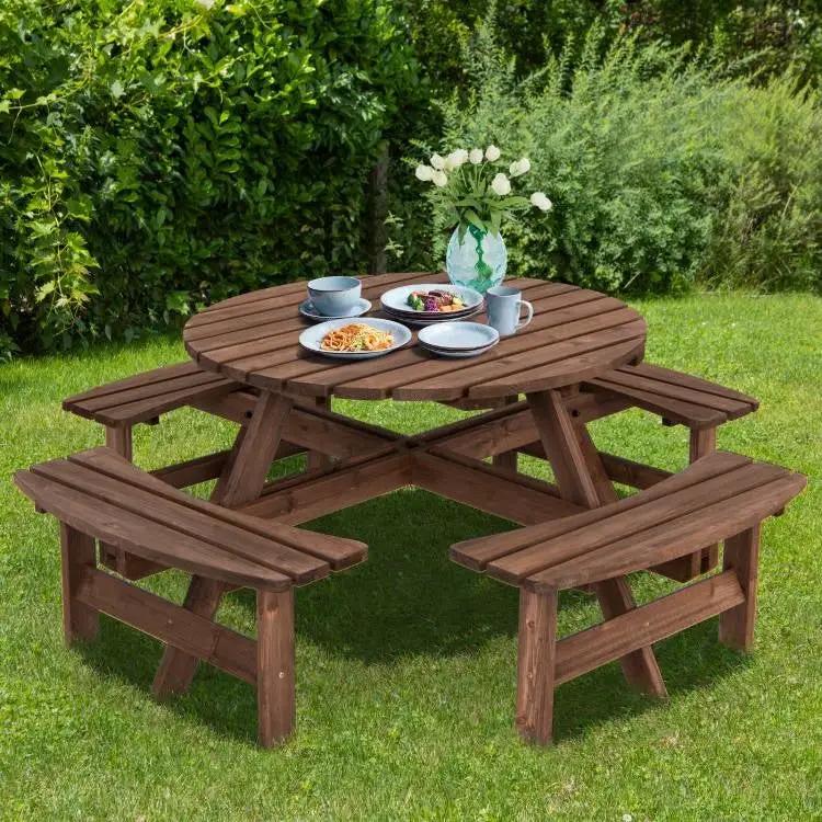 Espresso Wooden 8 Seater Picnic Table Umbrella Hole by HomePacific