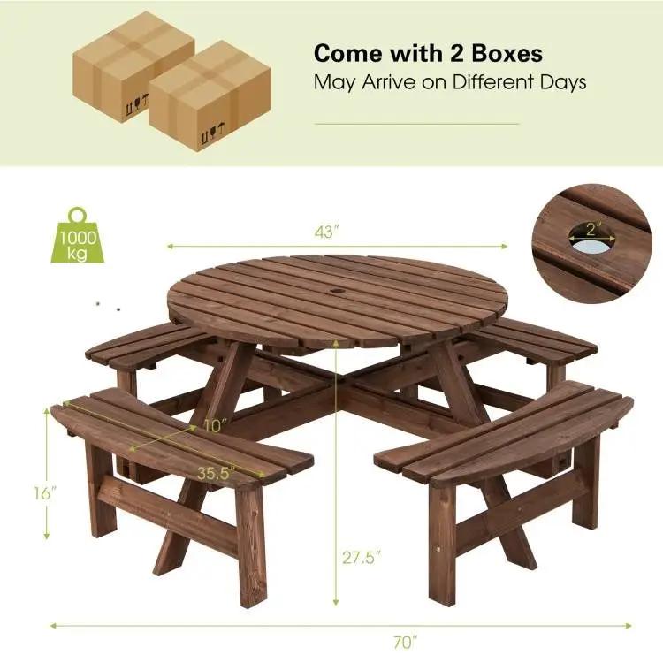 Espresso Wooden 8 Seater Picnic Table Umbrella Hole by HomePacific