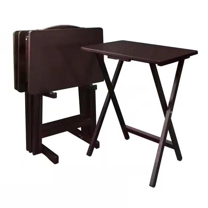 Set of 4 - Folding TV Tray Table Set with Stand in Dark Brown Wood Finish by HomePacific