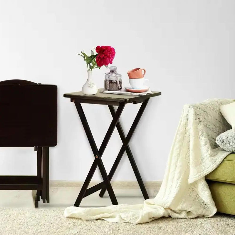 Set of 4 - Folding TV Tray Table Set with Stand in Dark Brown Wood Finish by HomePacific
