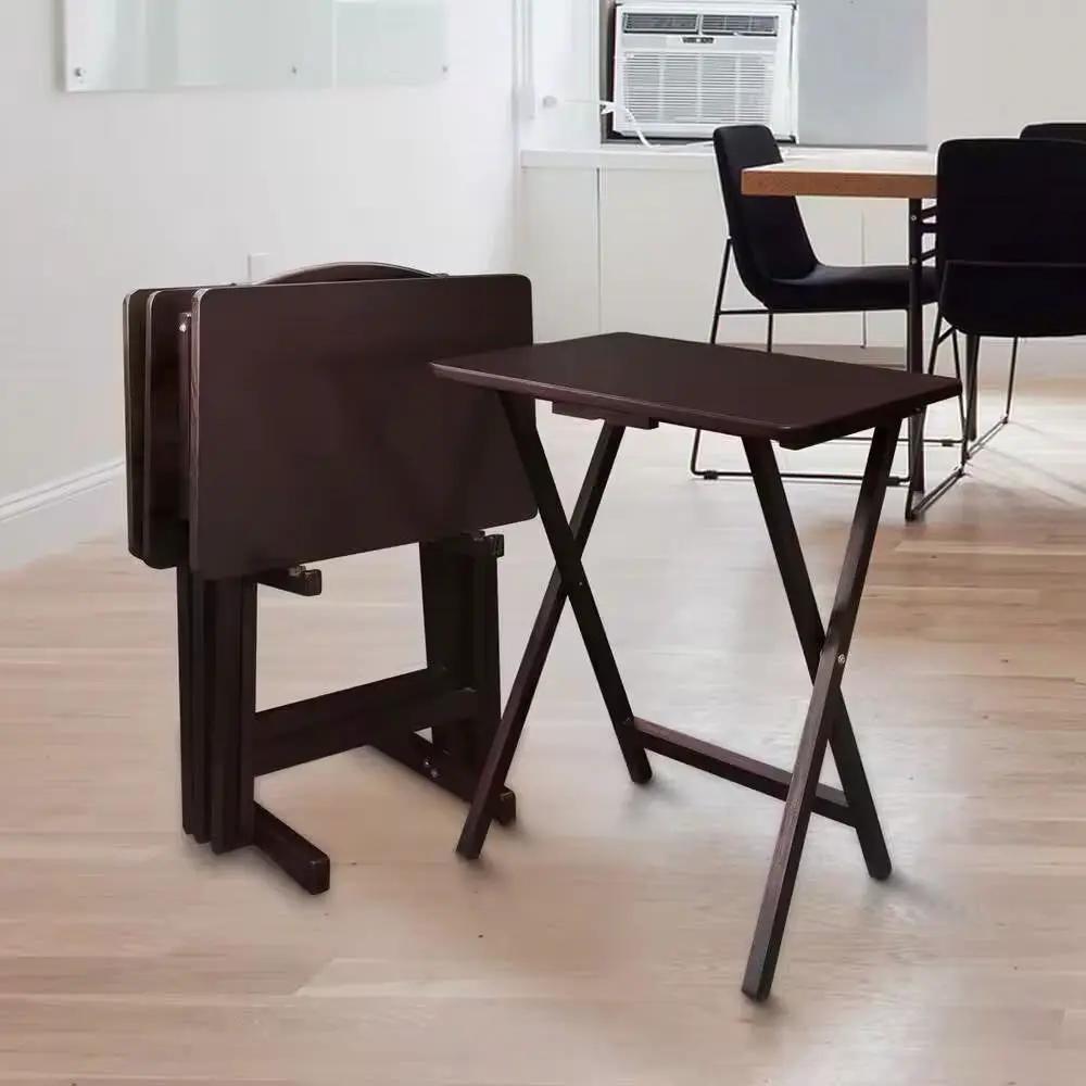 Set of 4 - Folding TV Tray Table Set with Stand in Dark Brown Wood Finish by HomePacific