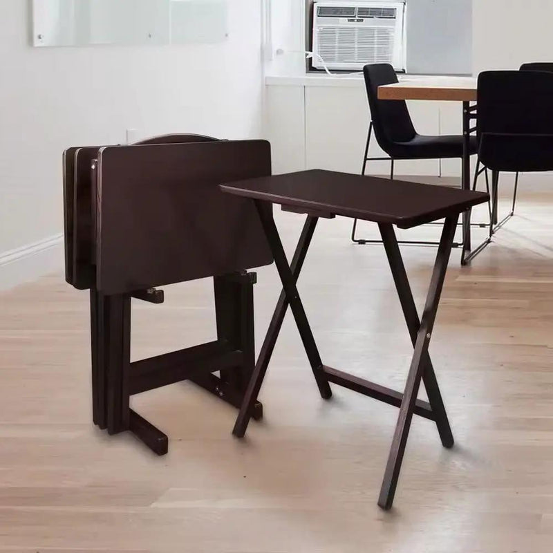 Set of 4 - Folding TV Tray Table Set with Stand in Dark Brown Wood Finish by HomePacific