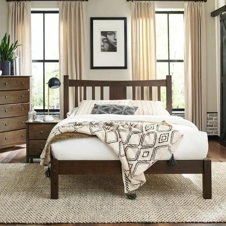 Queen size Solid Pine Wood Platform Bed with Headboard in Espresso by HomePacific