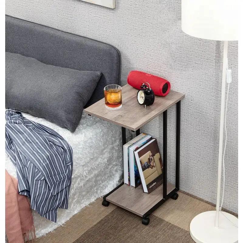 Modern Industrial Style Metal Wood TV Tray Bedside Table with Removable Casters by HomePacific