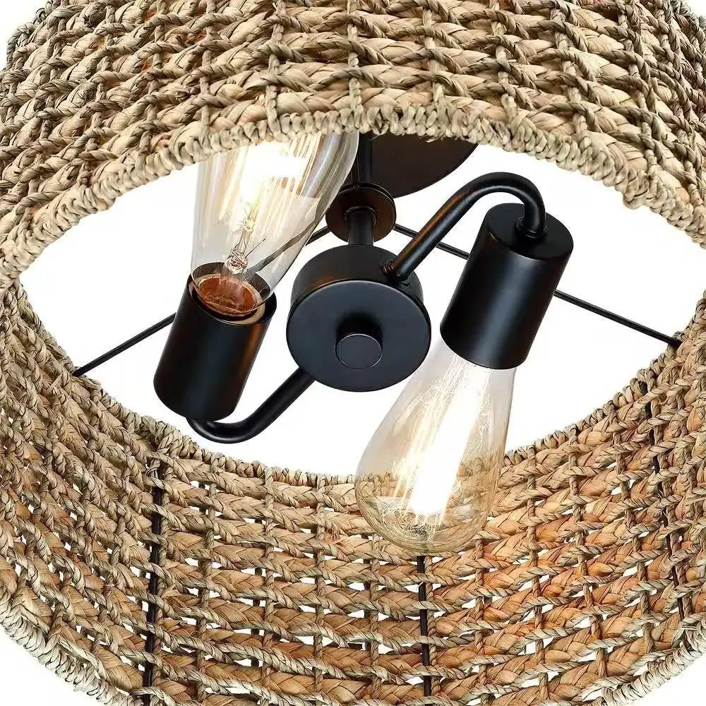 Bohemian 13.6-inch Round Rattan Drum 2-Light Ceiling Light - Semi-Flush Mount by HomePacific