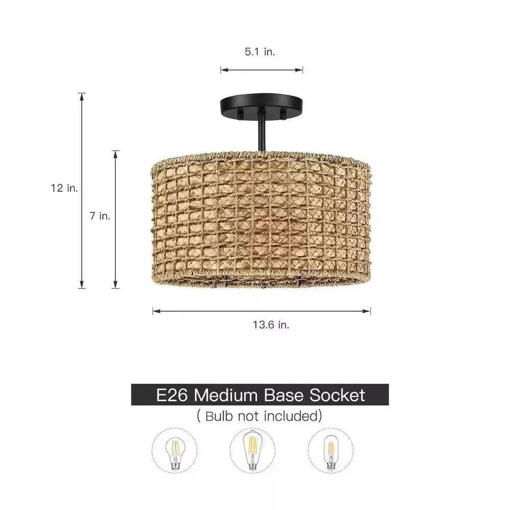 Bohemian 13.6-inch Round Rattan Drum 2-Light Ceiling Light - Semi-Flush Mount by HomePacific