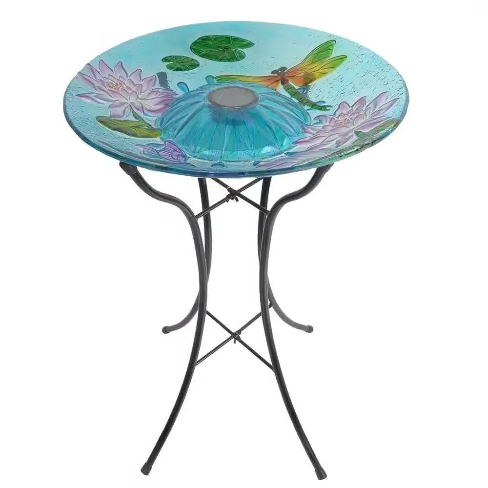 Outdoor Glass Bowl Bird Bath with Black Metal Stand and Solar Powered Light by HomePacific
