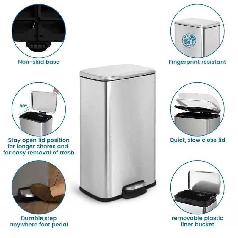 8-Gallon Stainless Steel Kitchen Trash Can with Step-on Lid by HomePacific