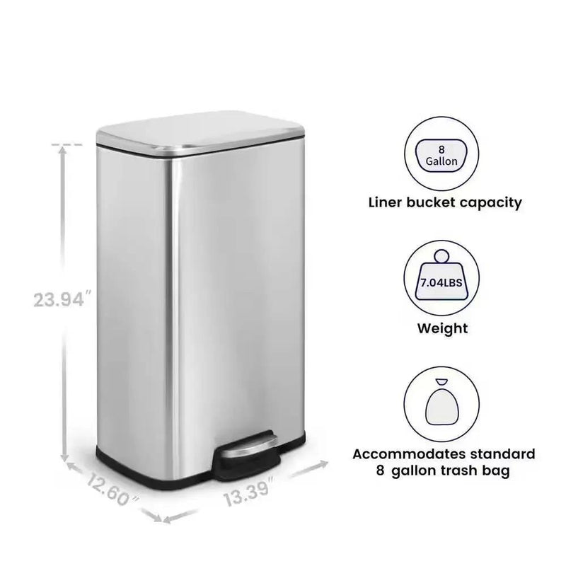 8-Gallon Stainless Steel Kitchen Trash Can with Step-on Lid by HomePacific