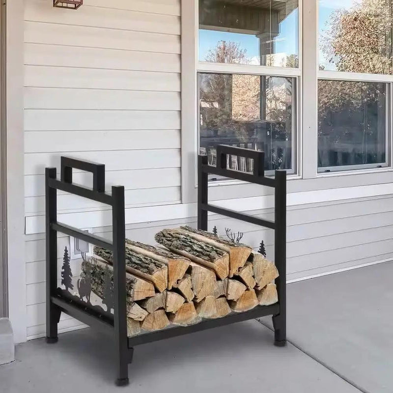 1.5 Ft. Black Metal Firewood Log Rack with Deer Pattern by HomePacific