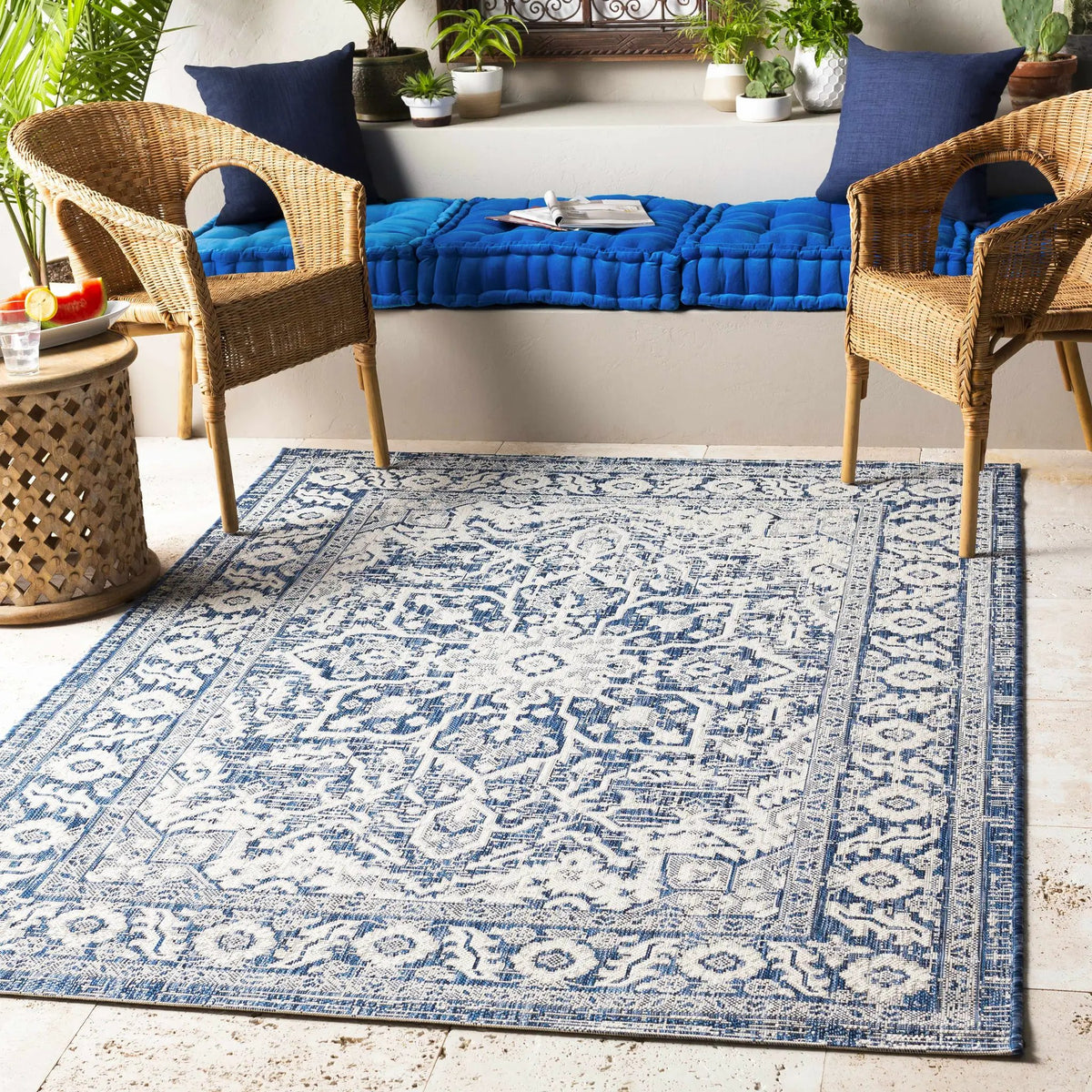 Etoile Navy Blue Performance Outdoor Rug, installed in a room