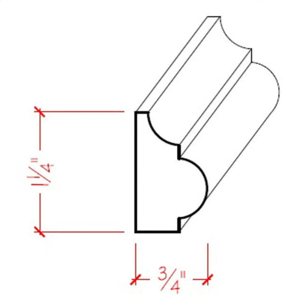EWBC27 Nose and Cove 1-1/4" Tall x 3/4" Base Cap Moulding. Unfinished, dimensions drawing