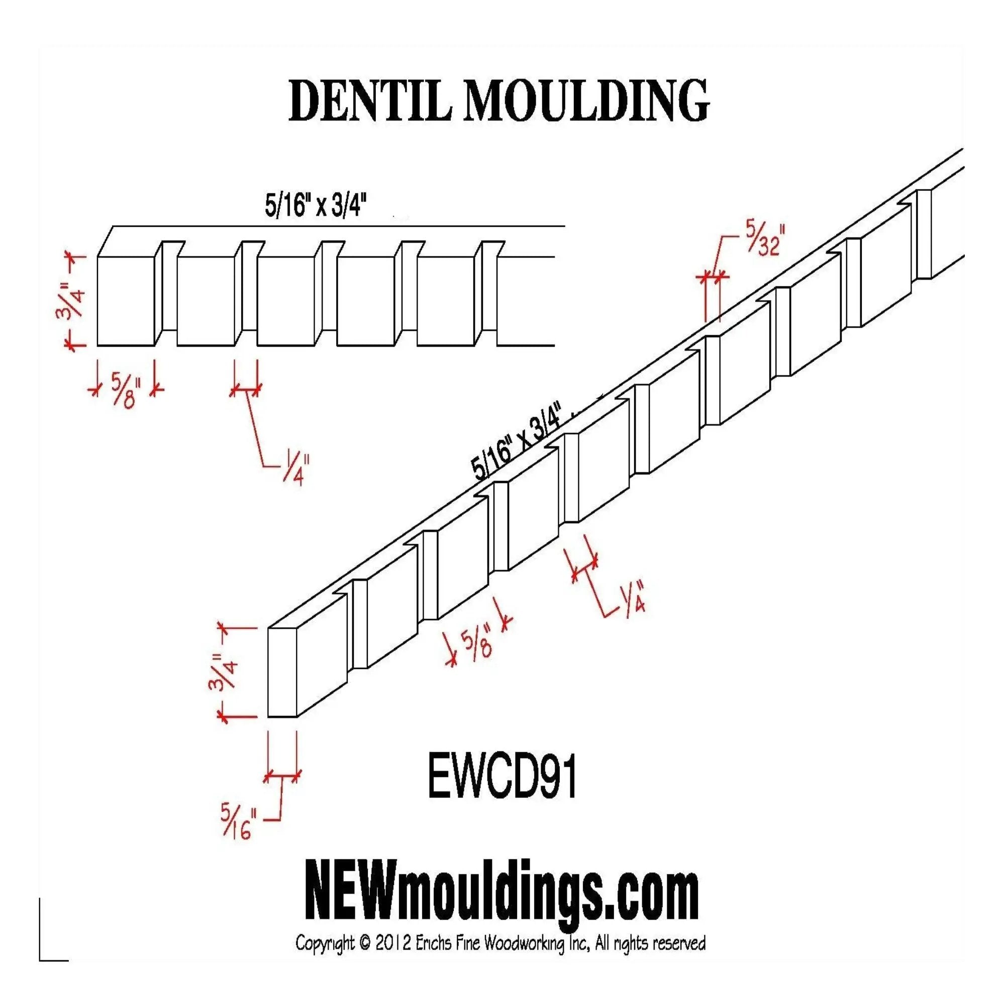 EWCD91 Dentil Moulding 3/4" High x 5/16" Trim. Unfinished by NewMouldings