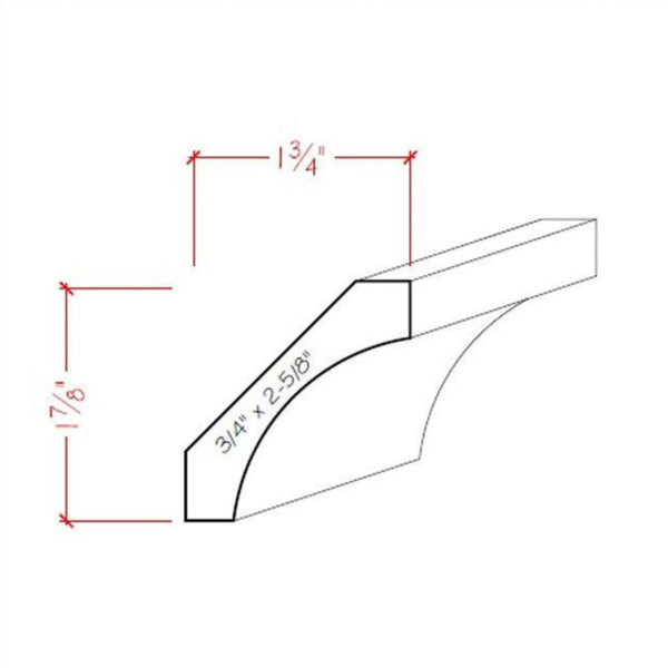 EWCR39 Cove Crown 3/4" x 2-5/8" Unfinished 1-7/8" High x 1-3/4" Deep, dimensions drawing