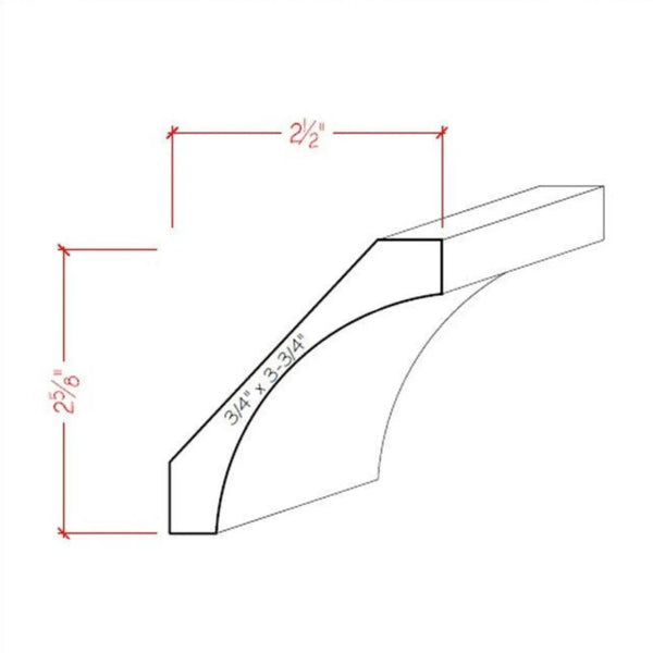 EWCR40 Cove Crown 3/4" x 3-3/4" Unfinished 2-5/8" High x 2-1/2" Deep, dimensions drawing