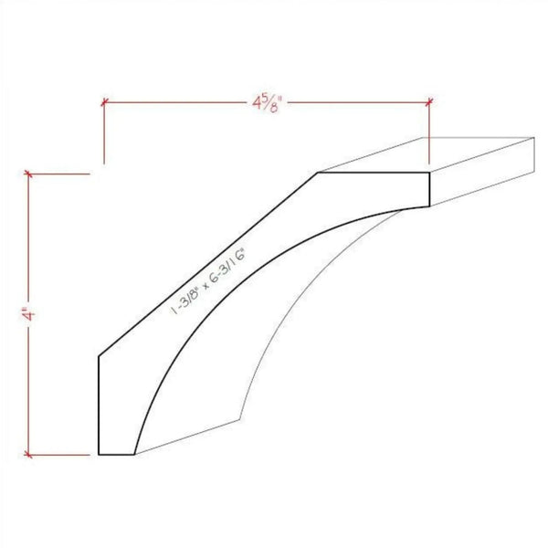 EWCR41 Cove Crown 1-3/8" x 6-3/16 Unfinished 4" High x 4-5/8" Deep, dimensions drawing
