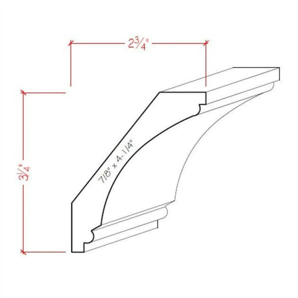 EWCR43 Cove Crown 7/8" x 4-1/4" Unfinished 3-1/4" High x 2-3/4" Deep, dimensions drawing