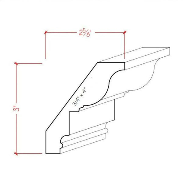 EWCR47 Colonial Crown 3/4" x 4" Unfinished 3" High x 2-5/8" Deep, dimensions drawing