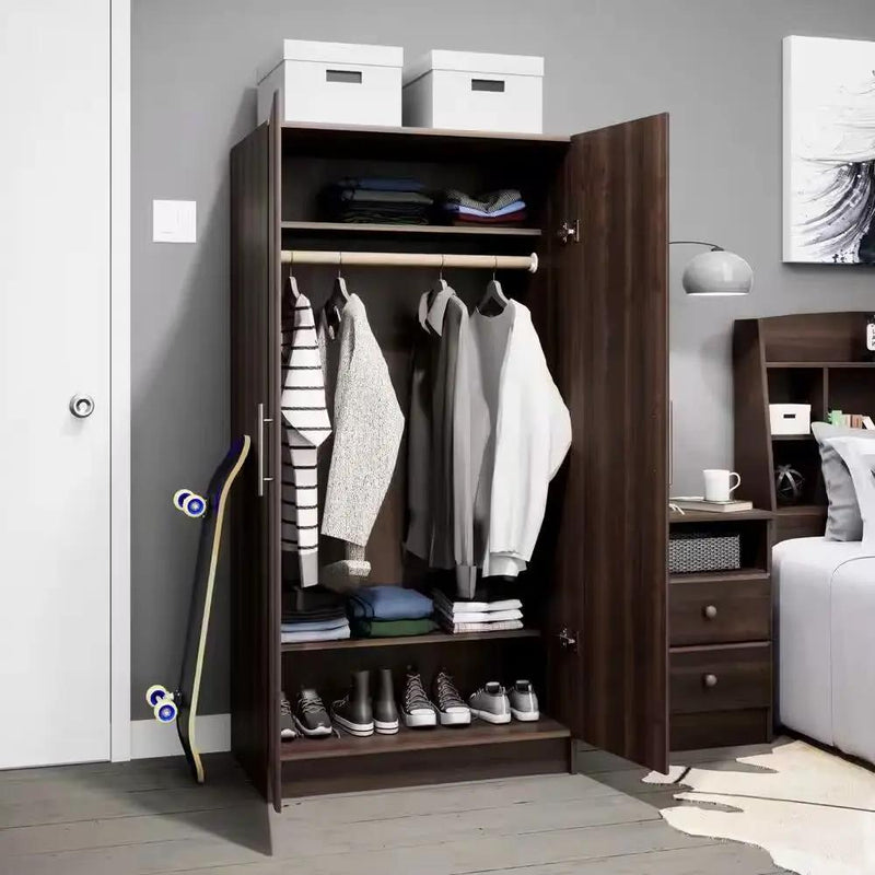 Bedroom Armoire Wardrobe Cabinet Closet with Hanging Rail in Brown Wood Finish by HomePacific