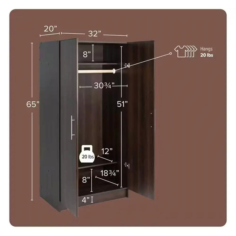 Bedroom Armoire Wardrobe Cabinet Closet with Hanging Rail in Brown Wood Finish by HomePacific